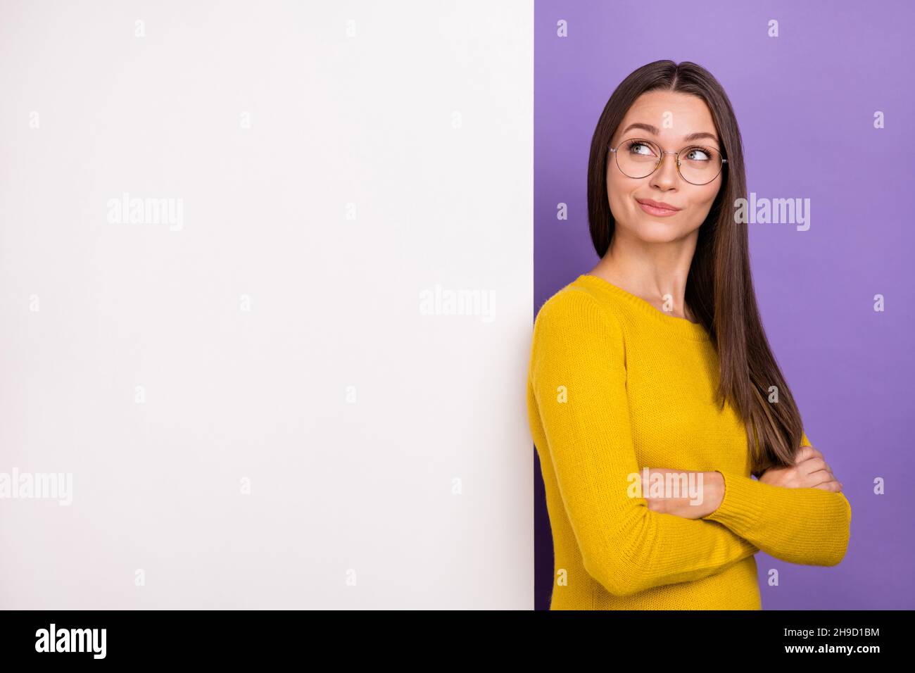 Profile side photo of young pretty lady curious look empty space ad ...
