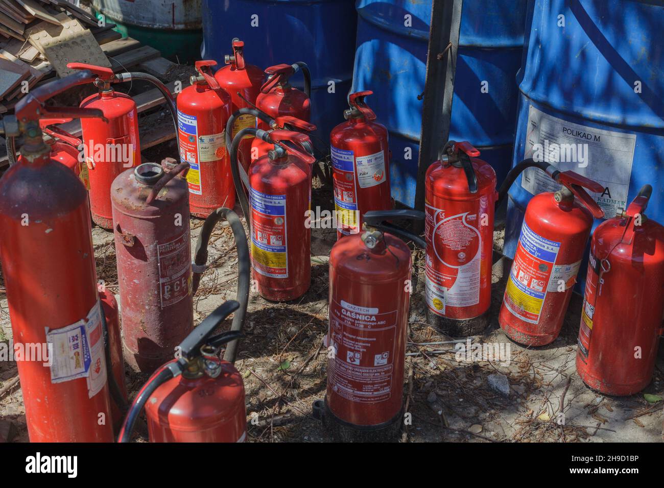 Poznan, Poland June 21.2021 Old and unused fire extinguishers. dump