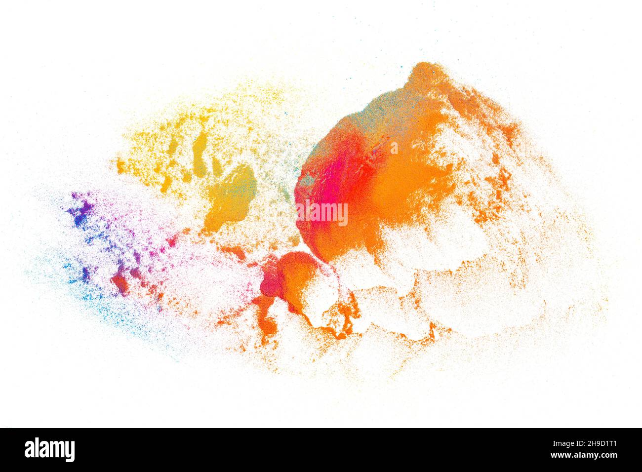 Colorful abstract chemical powder paint mixture and splatter on white background. Isolated multicolored paint explosion and textured dust partices. Cr Stock Photo