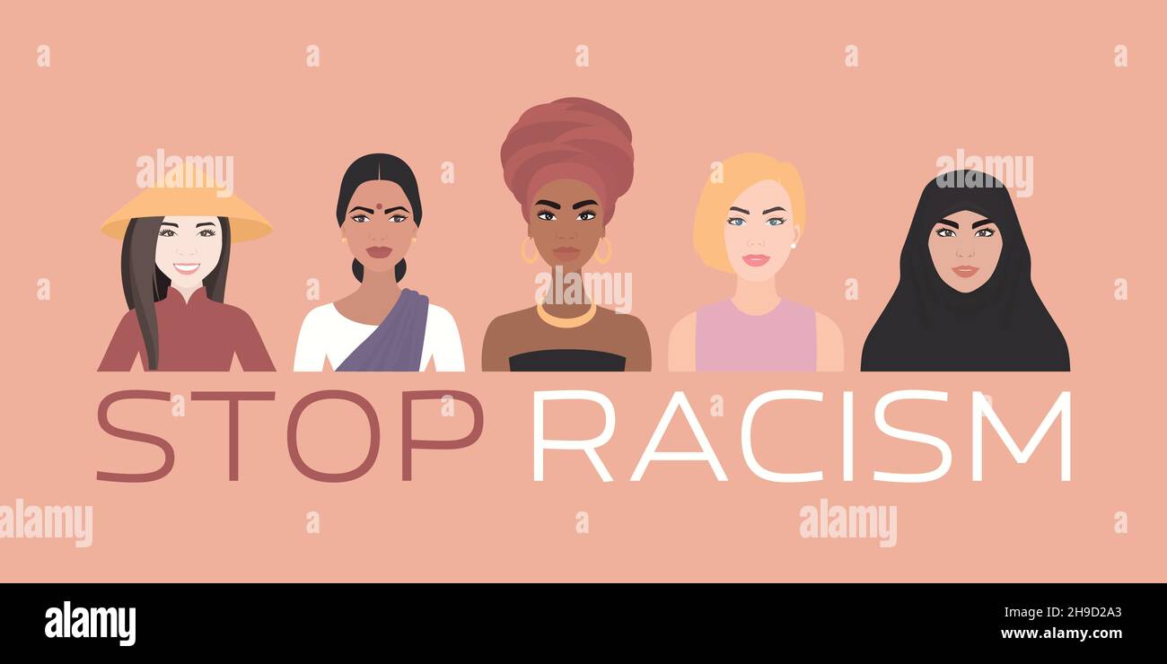 Stop Racism Banner. Vector Background with Different Nationalities and Races Women in Flat style - Solidarity People and Women s Rights Concept Stock Vector