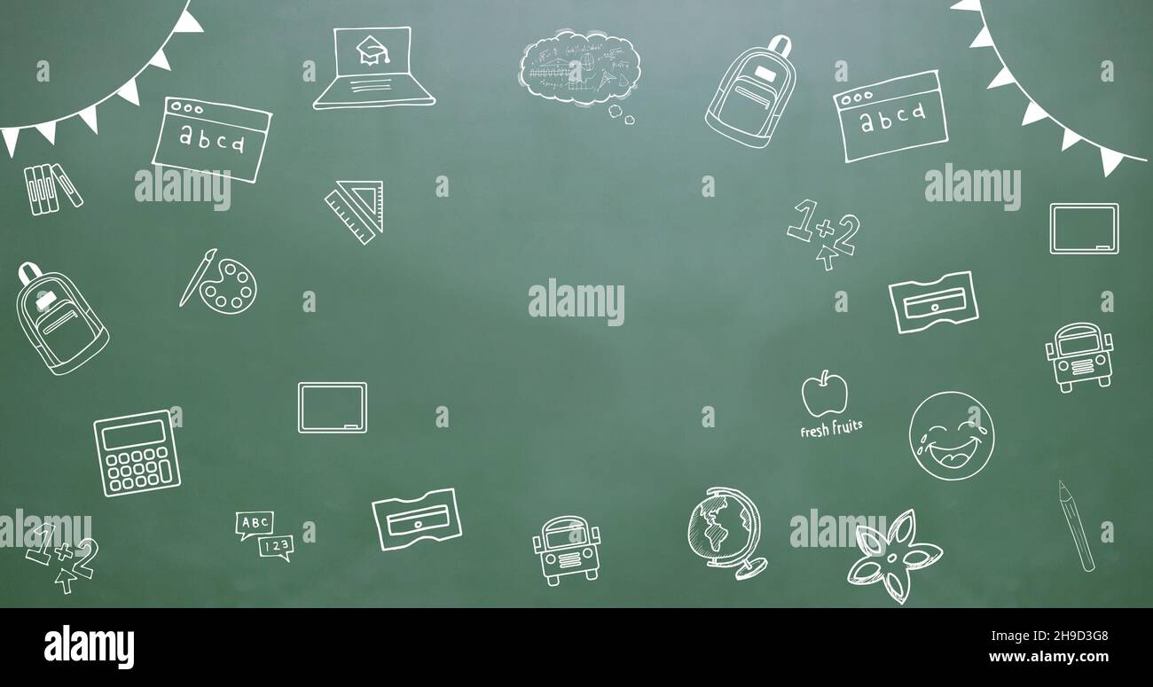 Digitally generated image of school supplies icons on greenboard with copy space Stock Photo