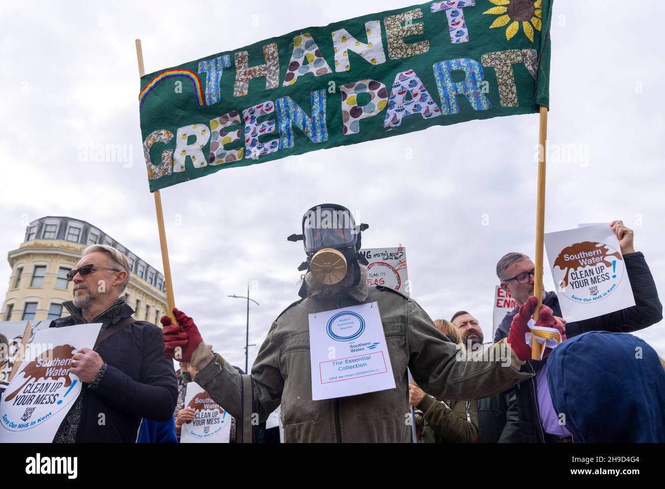 Protestors in Margate demonstrate against multiple releases of untreated sewage by Southern Water, October 2021. These releases have led to the closure of Thanet's beaches on numerous occasions. Stock Photo