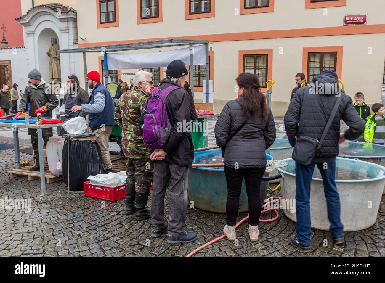 PRAGUE, CZECHIA - DECEMBER 22, 2019: People are buying traditional Christmas carp from a street tanks in Prague, Czech Republic Stock Photo