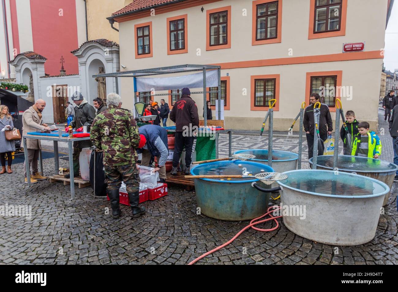 PRAGUE, CZECHIA - DECEMBER 22, 2019: Sale of traditional Christmas carp from a street tanks in Prague, Czech Republic Stock Photo