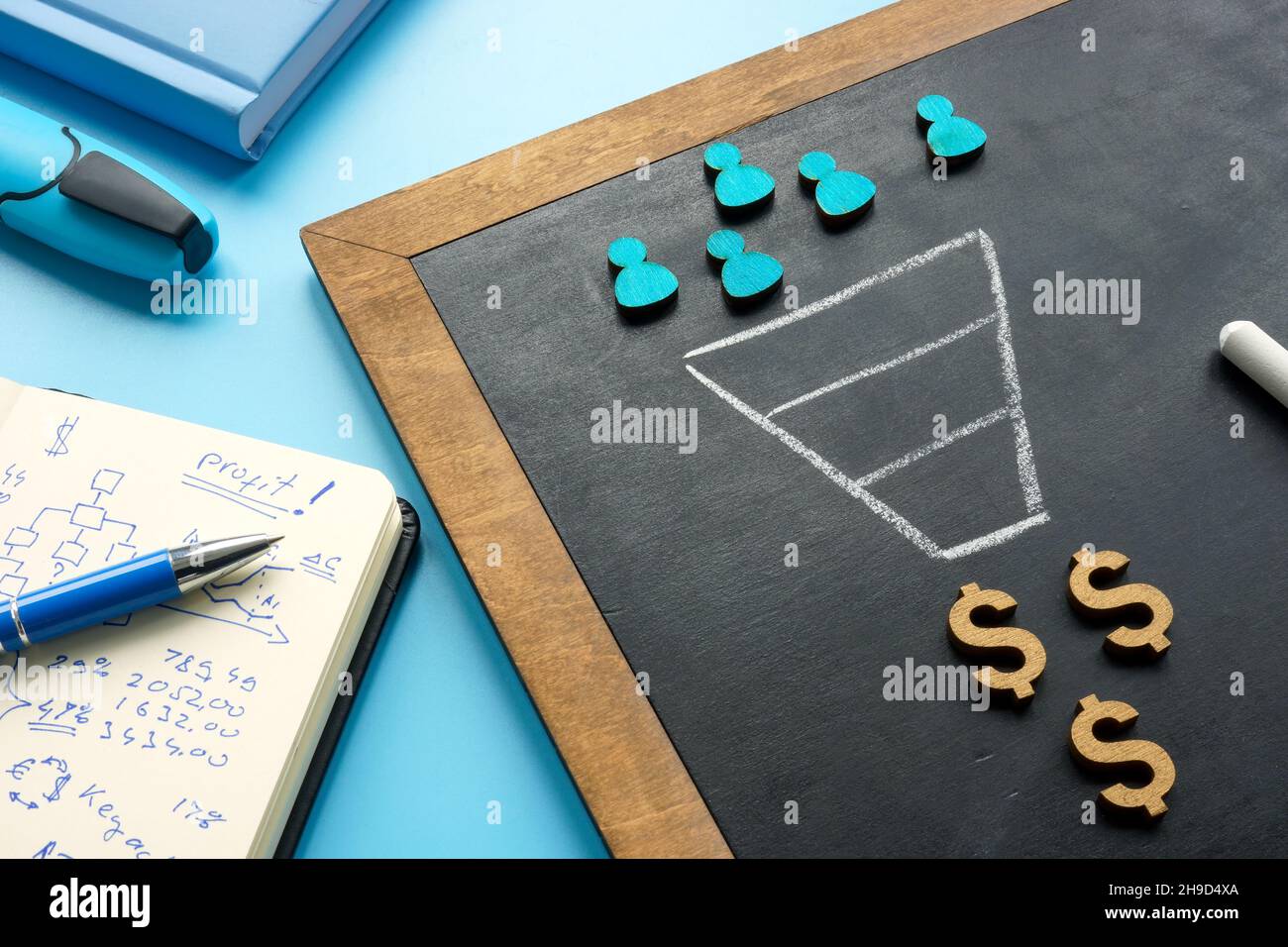 Marketing sales funnel on the blackboard and figurines. Stock Photo