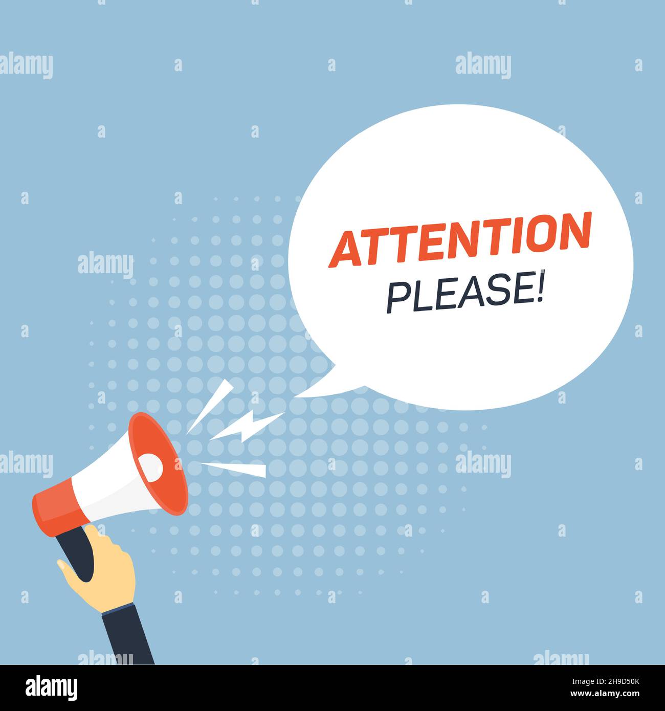 Attention please. Megaphone with speech bubble. Sticker for promotion. Vector Stock Vector