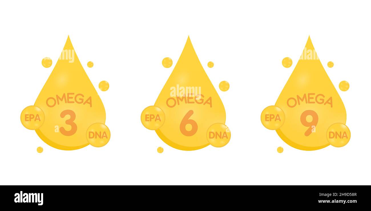 Omega 3, 6, 9, gold icon. Vitamin drop pill capsule. Shining golden