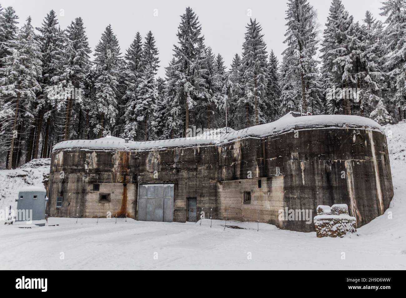 Winter view of concrete stronghold, part of Bouda fortress, Czech Republic Stock Photo