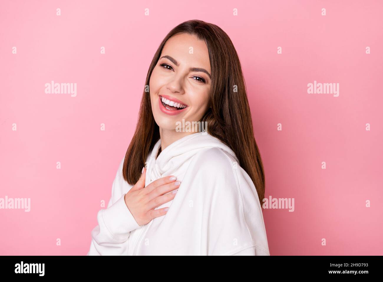 Profile side photo of young attractive girl happy positive smile hand ...