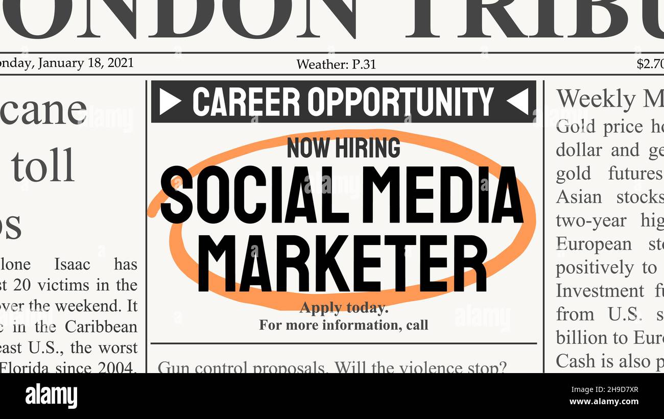 Job Oppurtunity Ad Social media marketing career. Recruitment offer - job ad. Newspaper ...