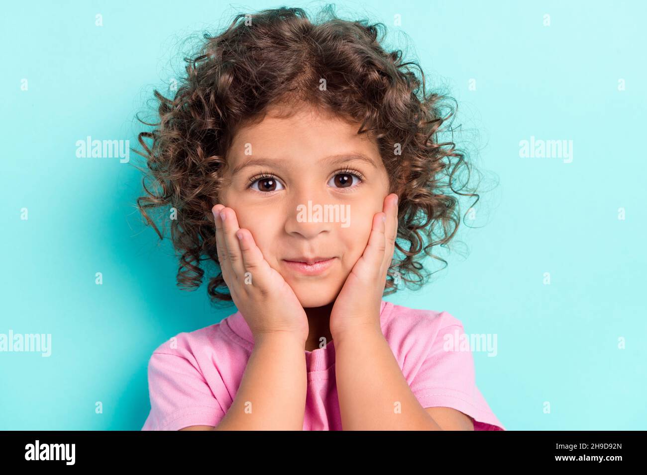 Photo of young attractive small girl happy positive smile hands touch ...