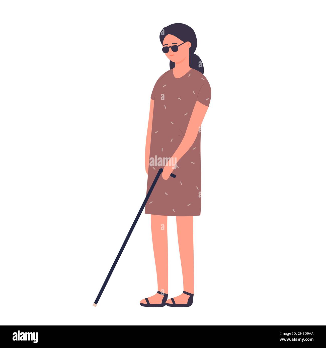 Disabled blind girl with walking probing stick. Visually impaired lady