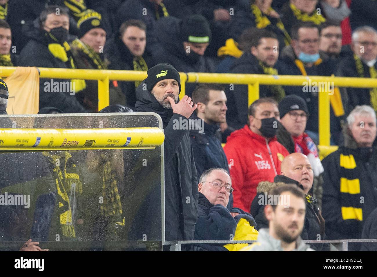 coach Marco ROSE (DO, mi. with Muetze, Mutze) was banished from the referee to dei Tribuene (Tribune); Soccer 1st Bundesliga, 14th matchday, Borussia Dortmund (DO) - FC Bayern Munich (M) 2: 3, on December 04, 2021 in Dortmund/Germany. DFL regulations prohibit any use of photographs as image sequences and/or quasi-video Stock Photo