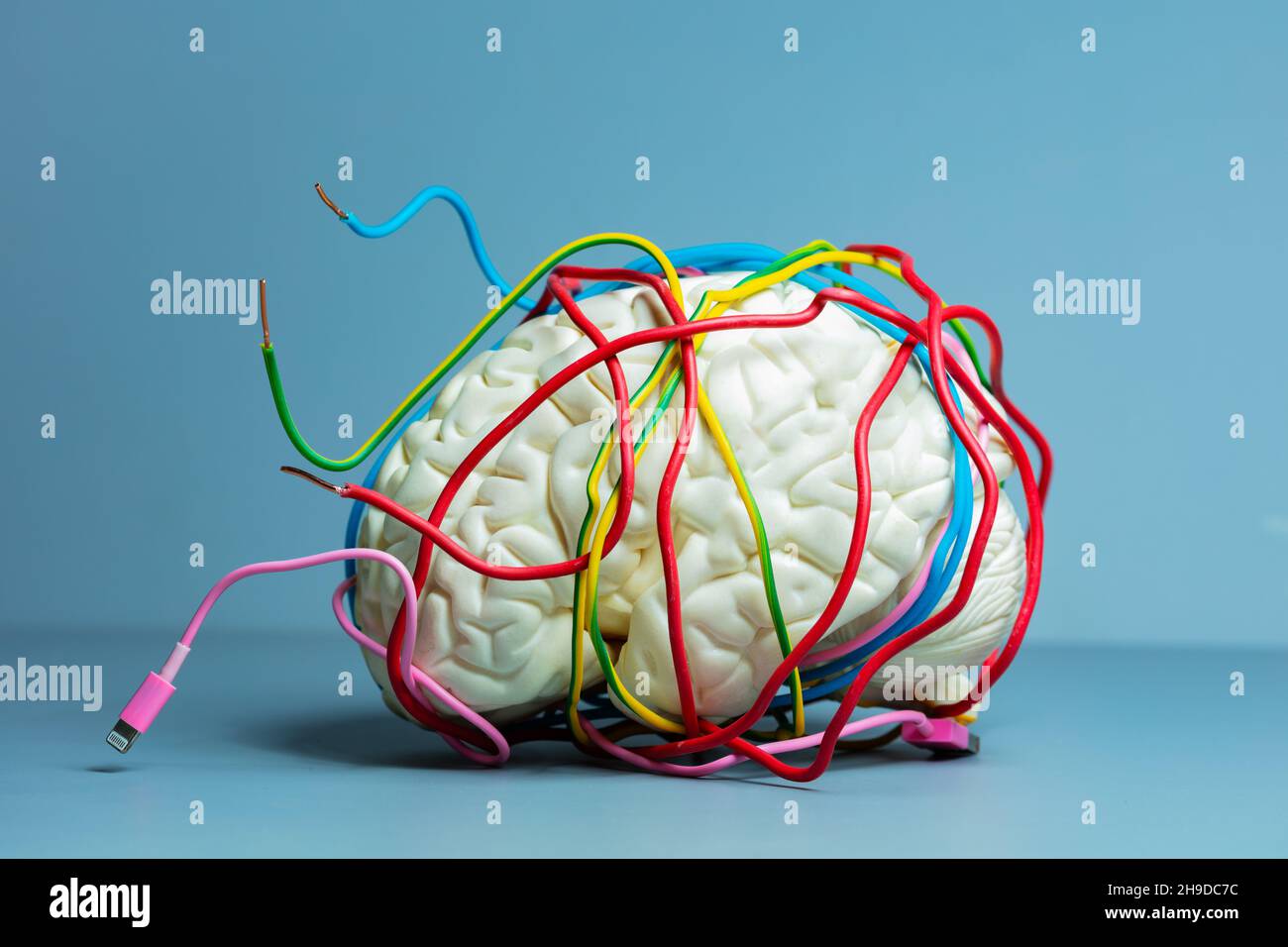 Concept of digital confusion brain trapped in wire Stock Photo