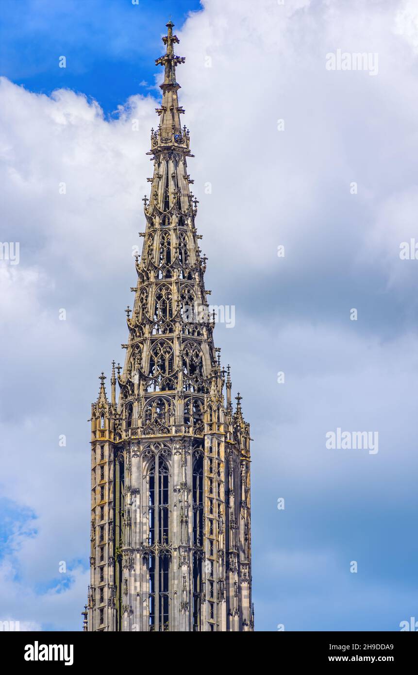 The spire of the Western steeple of the Gothic Minster of Ulm, Baden-Württemberg, Germany. Stock Photo