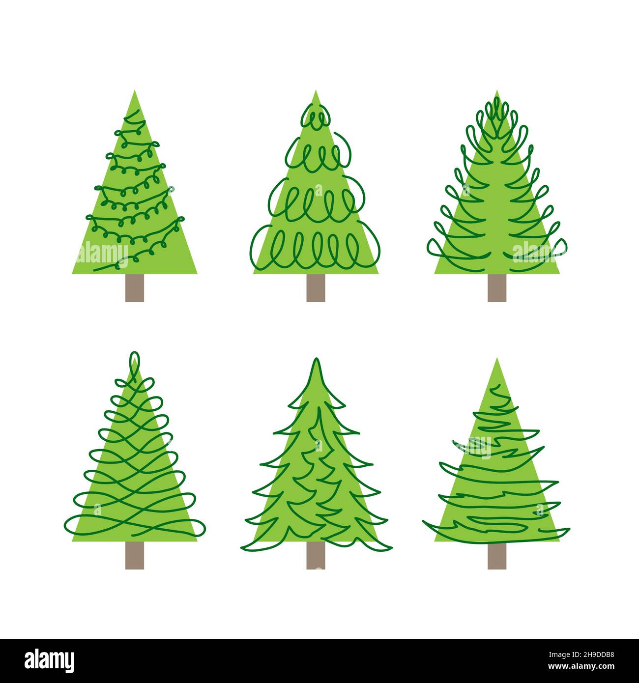 Doodle vector pine trees set. One continuous line drawing art. Simple green Christmas trees, pine trees, fir set Stock Vector