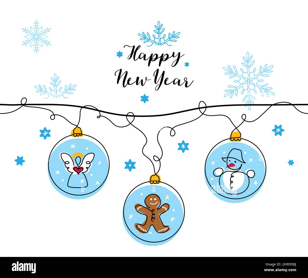 New Year tree toys, decorations, balls in blue color. Vector garland, decorations. One continuous line art drawing. Cute angel, ginger man and snowman Stock Vector