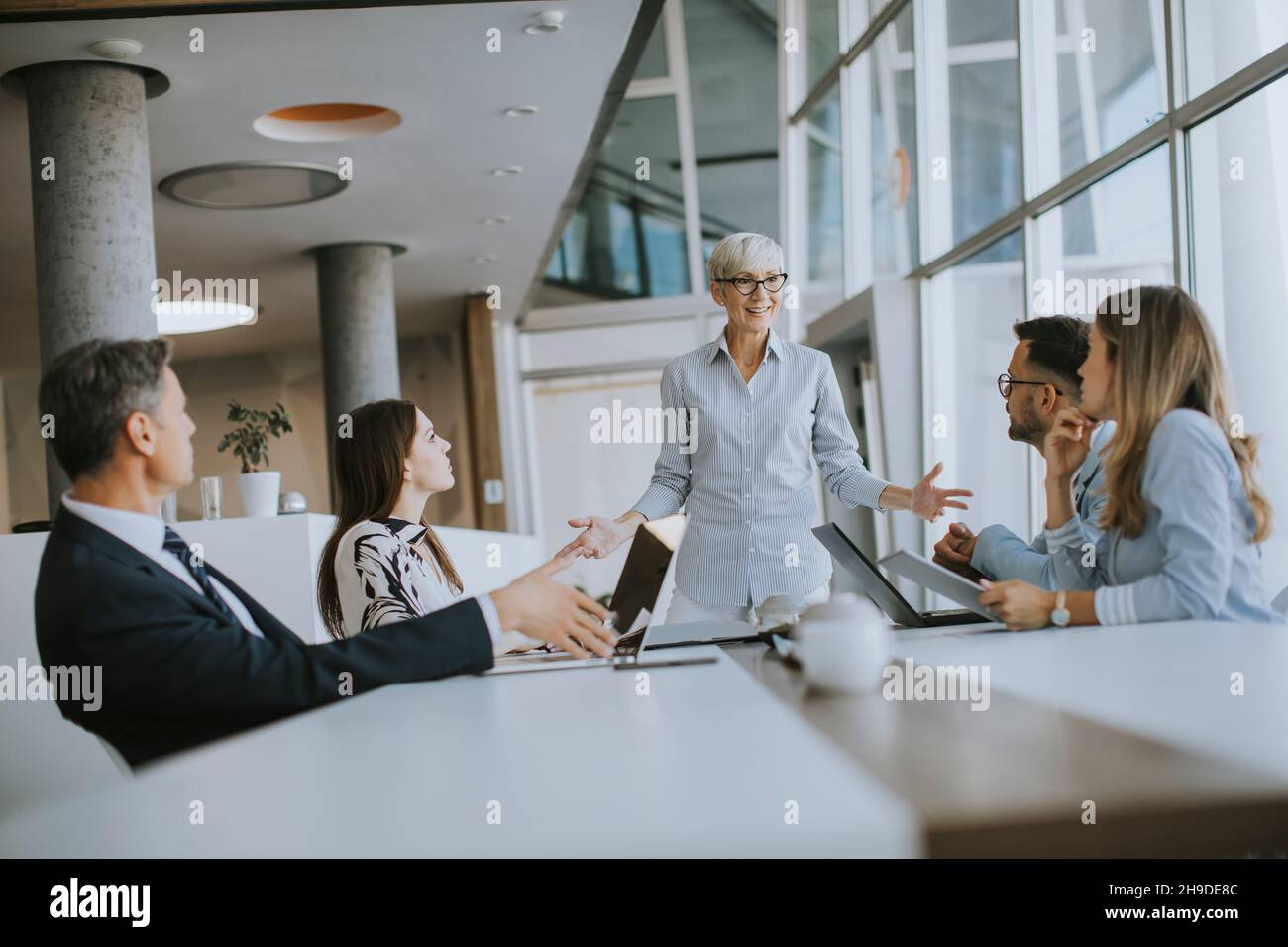 View at mature business woman explaining project details on a meeting in office Stock Photo