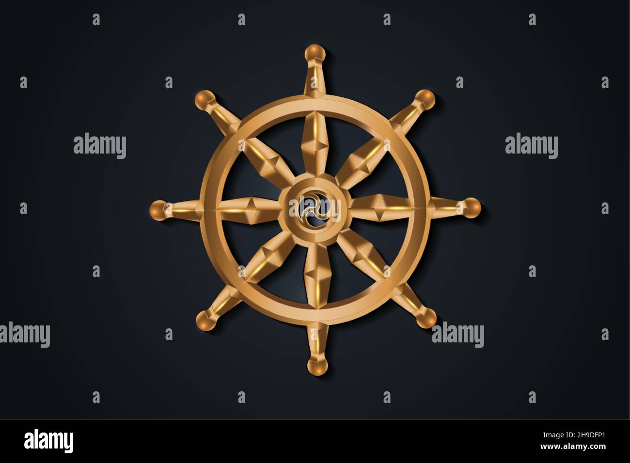 Golden Dharma wheel. Buddhism sacred symbol. Dharmachakra. Vector illustration isolated on black background Stock Vector