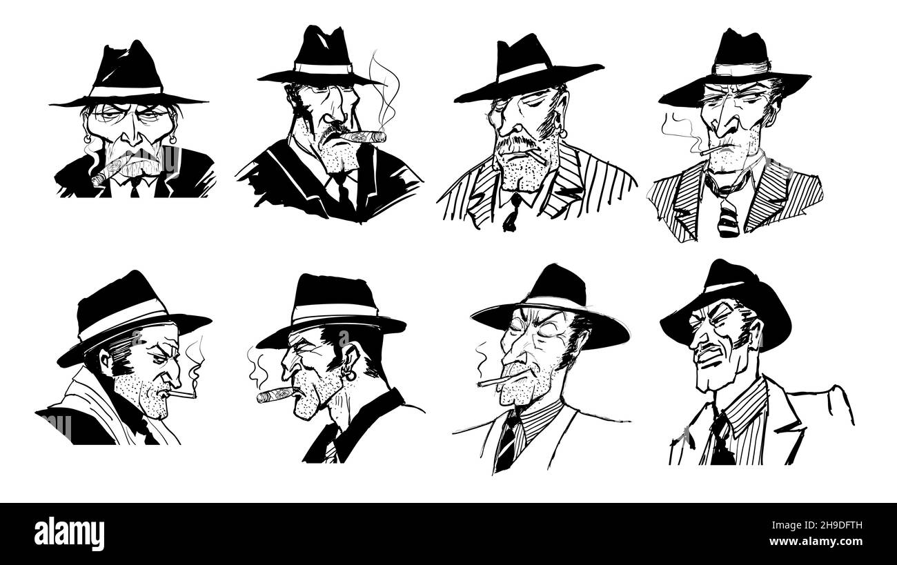 Set of comic caricatures of gangster  - vector illustration Stock Vector