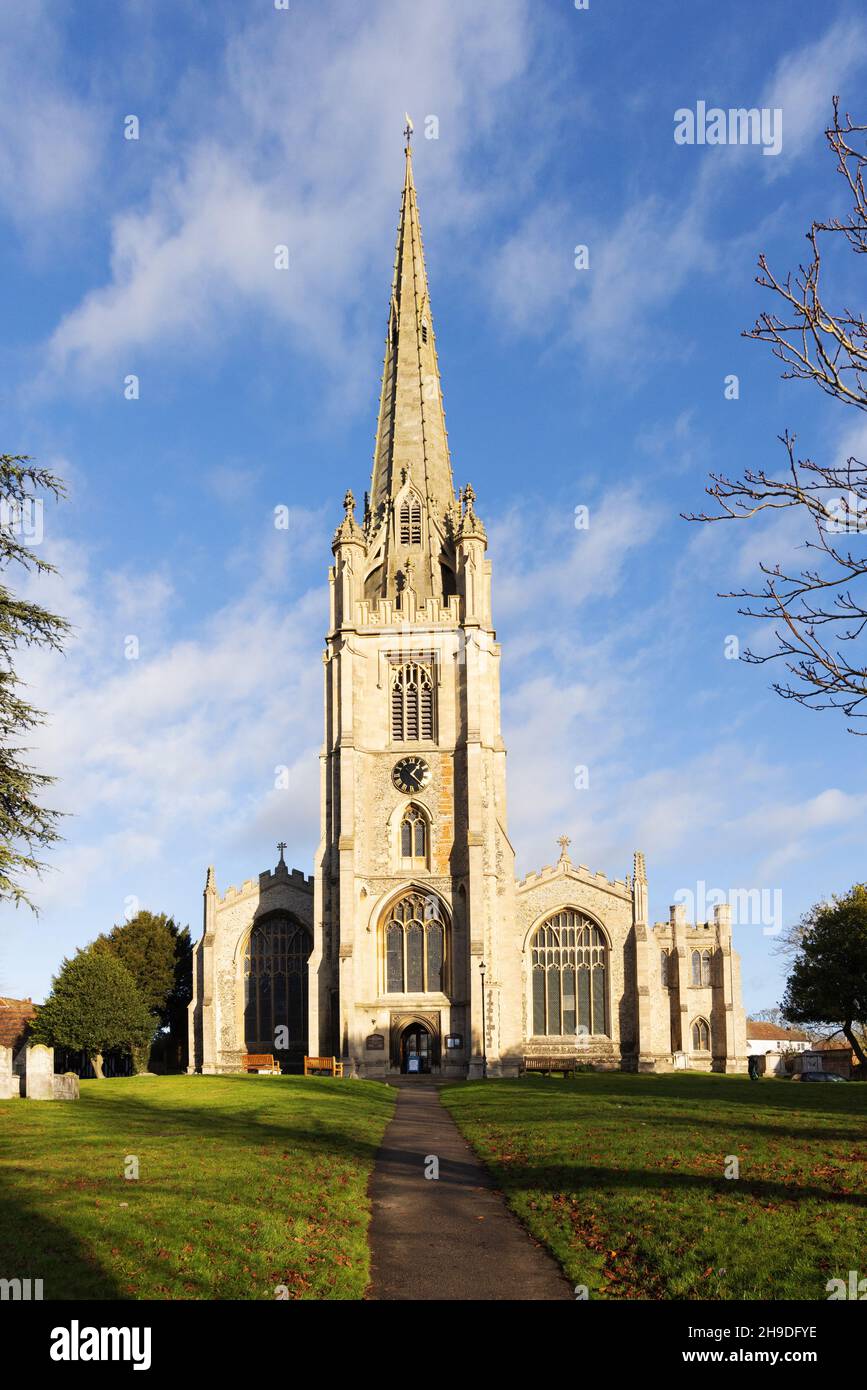 St Marys Church, Saffron Walden, Essex UK, or St Mary the Virgin Church, with spire, a parish church, originating in the 13th century. Stock Photo