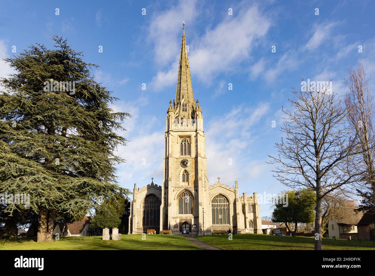 St Marys Church, Saffron Walden, Essex UK, or St Mary the Virgin Church, with spire, a parish church, originating in the 13th century. Stock Photo