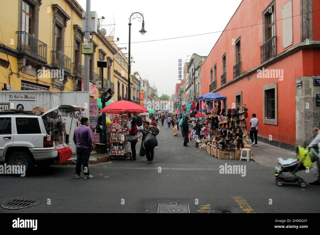 Street in Mexico city. First street of the Republic of Columbia. Market place. Mexico historic center. Tianguis. Stock Photo