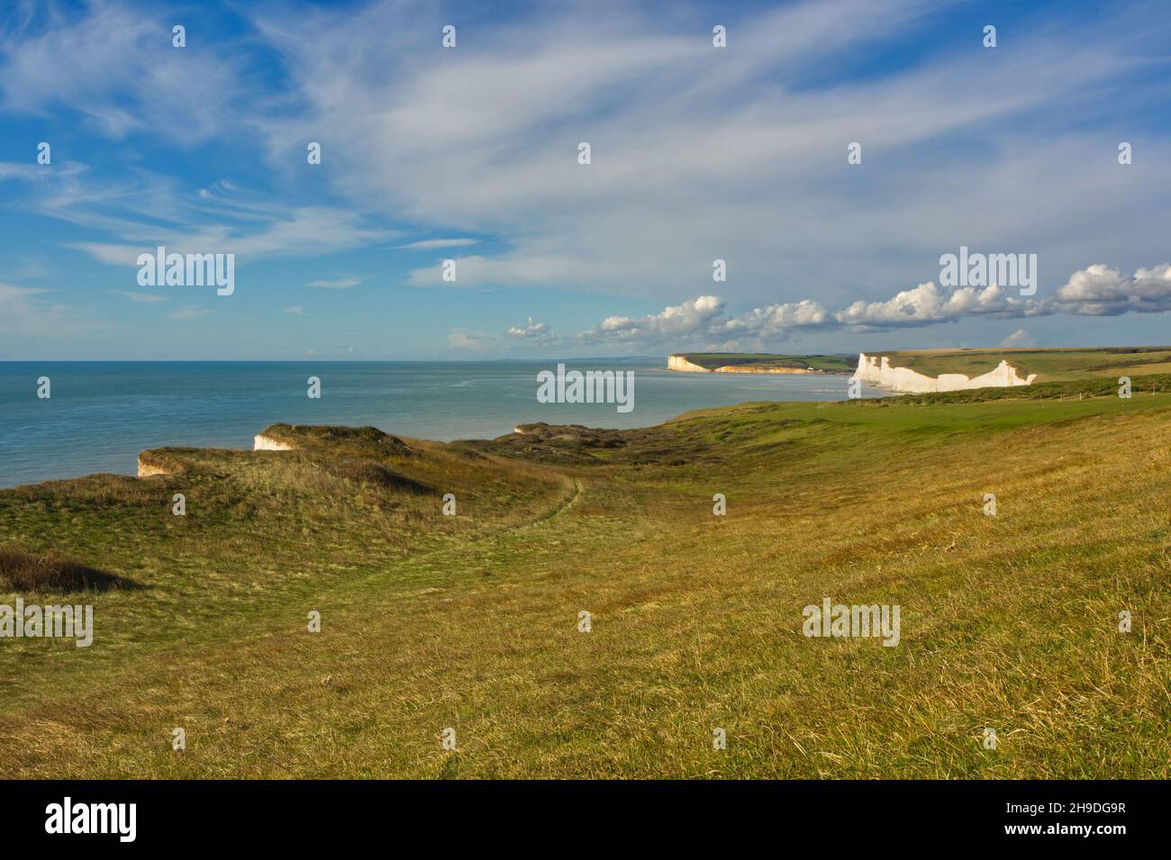 Coastline with Seven Sisters chalk cliffs, viewed from Beachy Head near Eastbourne in East Sussex, England Stock Photo