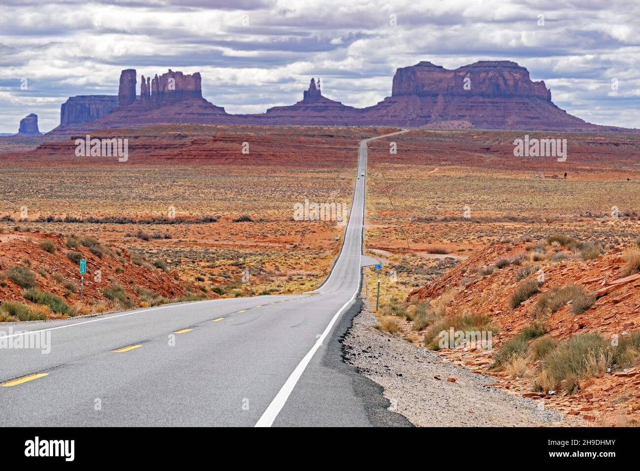 Forrest Gump Point / Forrest Gump Hill on Highway 163 Scenic Drive, straight road leading to Monument Valley, San Juan County, Utah, United States, US Stock Photo