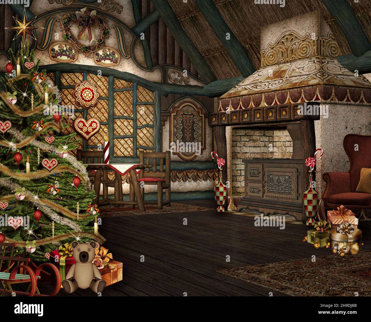 Chalet interior scene with a fully decorated christmas tree by the fireplace Stock Photo