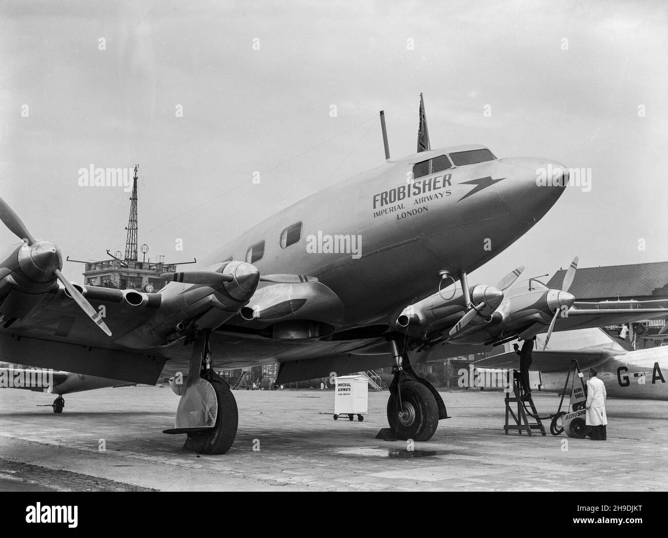 Vintage black and white photograph taken in 1938 showing a A De Havilland DH.91 Albatross, serial number G-AFDI, named Frobisher, of Imperial Airways at Croydon Aerodrome, outside London. Stock Photo