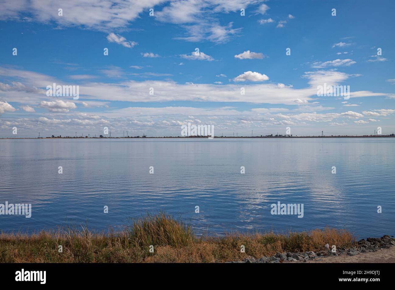 Clifton Court Forebay is a reservoir in the San Joaquin River Delta and is the intake point and start of the California Aqueduct for transport to Sout Stock Photo