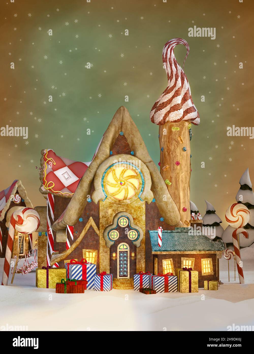 Snowfall over the gingerbread town at Christmas time Stock Photo