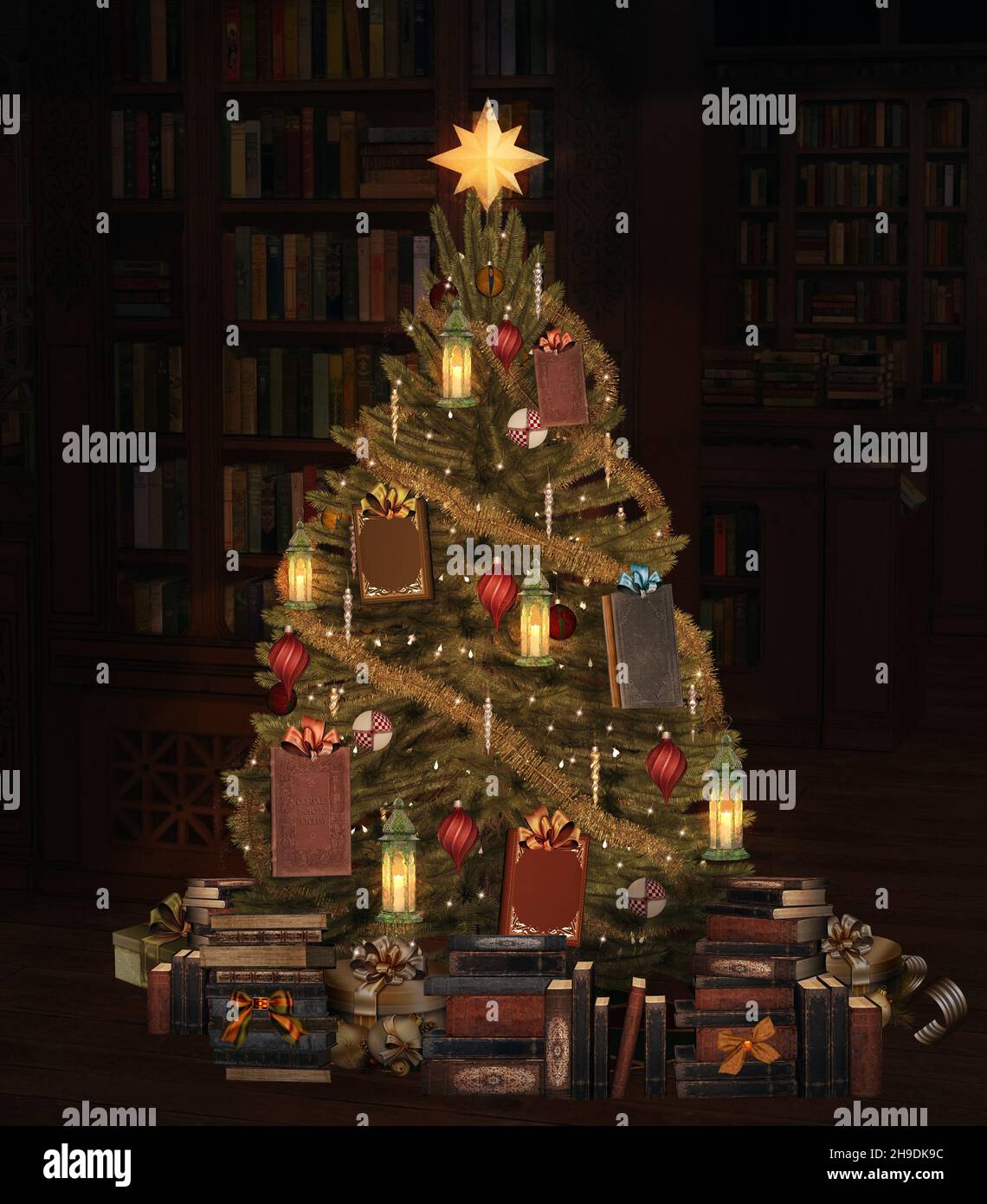 Fully decorated christmas tree by a library with plenty of books as useful gifts Stock Photo