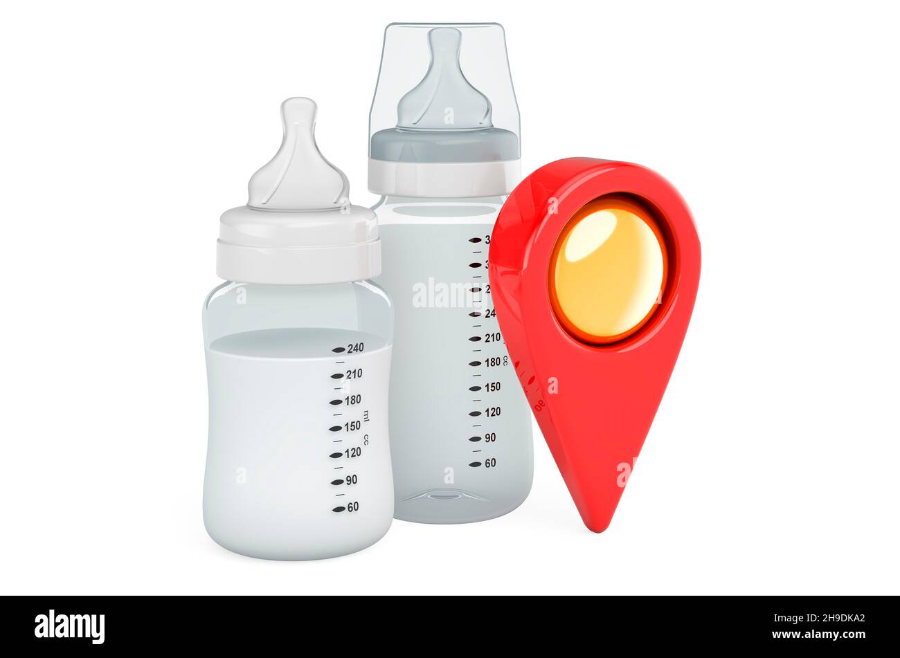 Baby bottles with infant formula with map pointer. 3D rendering