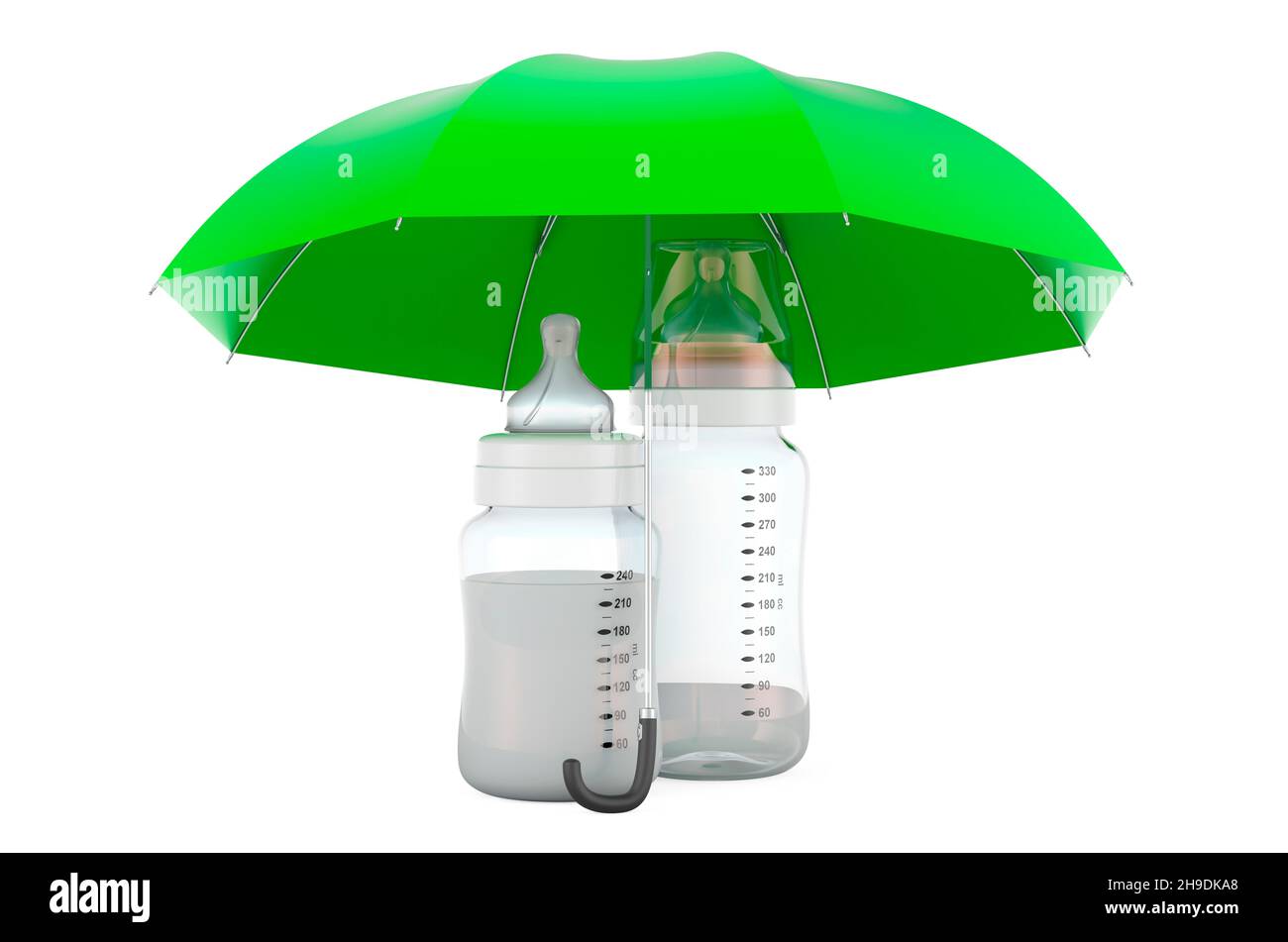 Baby bottles under umbrella, 3D rendering isolated on white background ...