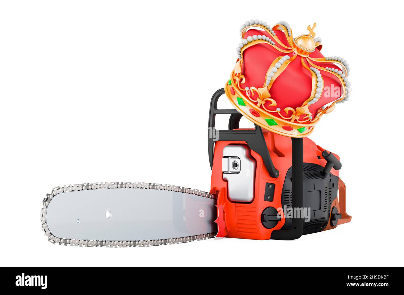 Chain saw with golden crown, 3D rendering isolated on white background