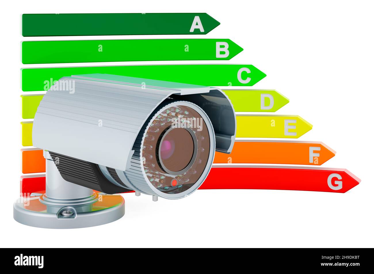 Security surveillance camera with energy efficiency chart, 3D rendering