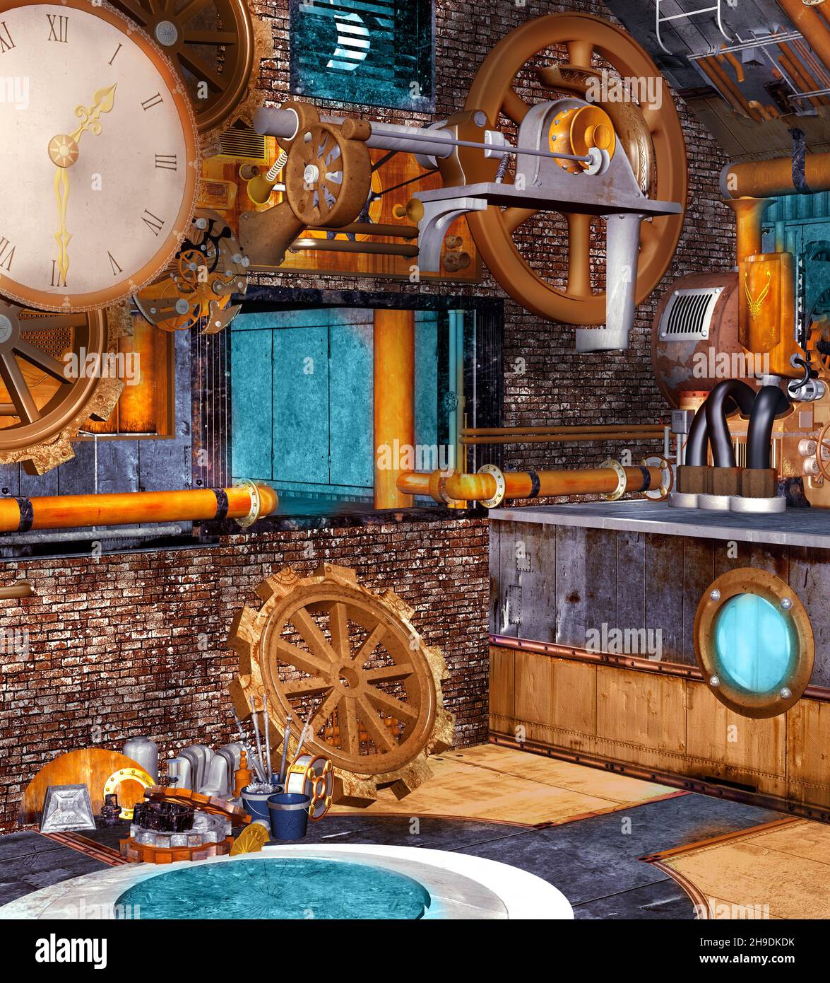 Colorful laboratory with steampunk machines made of wheels, pipes and a clock Stock Photo