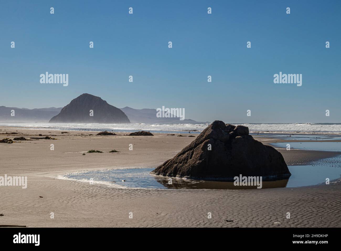 Morro Rock and small rock on beach, Cayucos Beach, California, USA Stock Photo