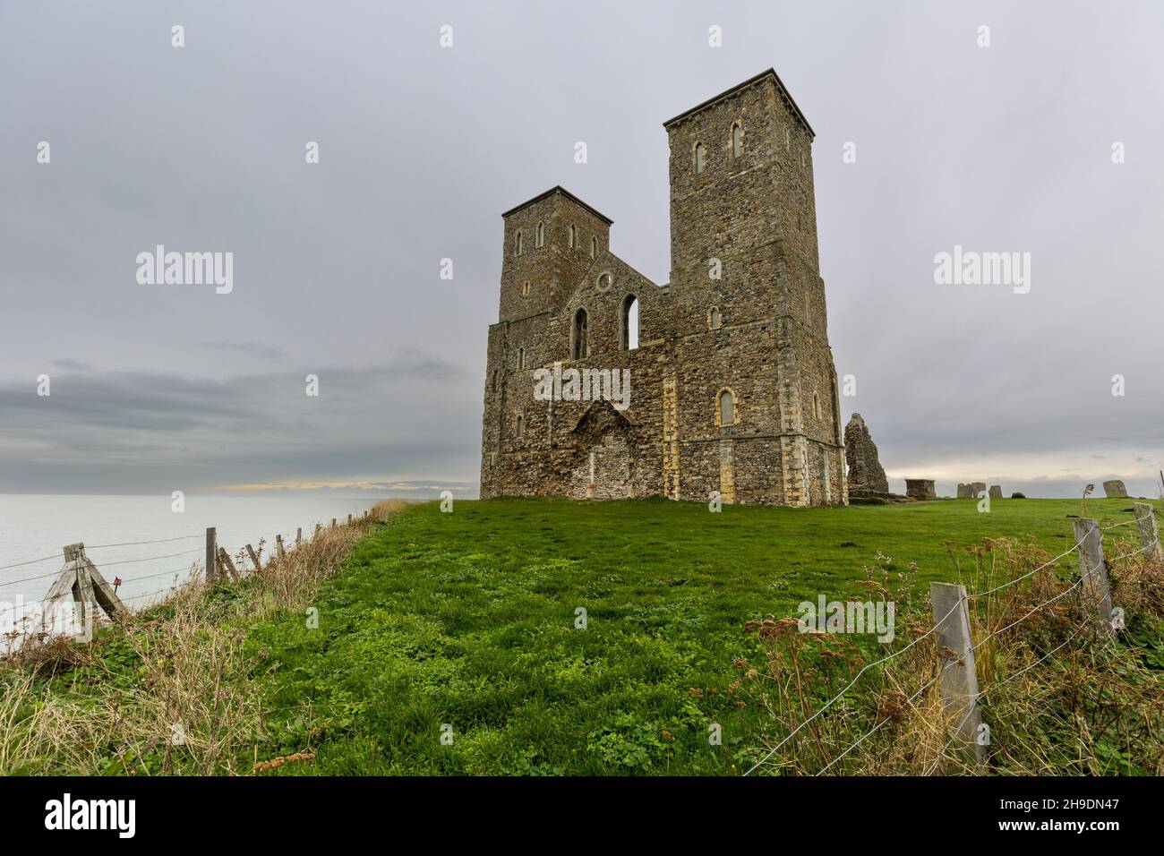 Reculver Towers on an overcast day. Reculver Kent.UK Stock Photo