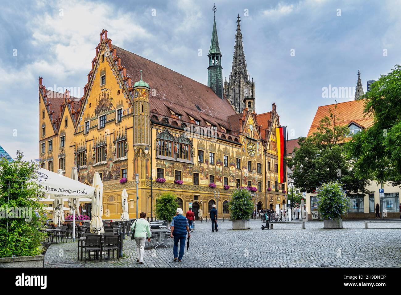Ancient palace, now the town hall, from the Renaissance period, known for its frescoed exterior and the astronomical clock. Ulm, Tübingen, Germany Stock Photo