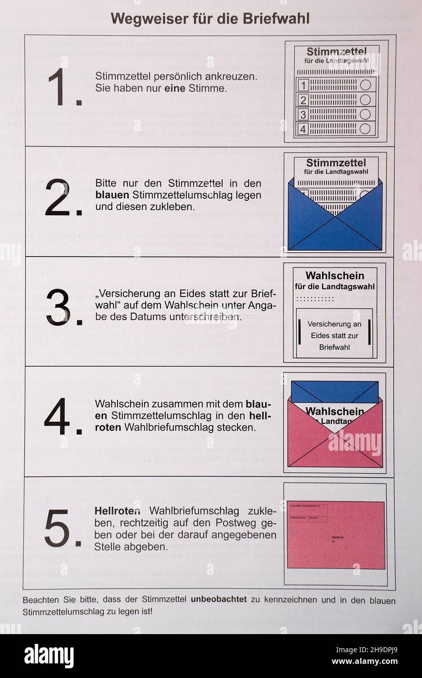 Nurtingen, Germany - March 03, 2021: Ballot papers instructions for postal voting. Stock Photo