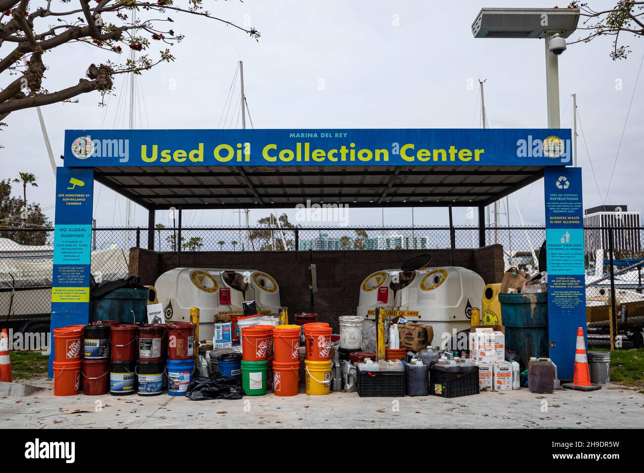 Used Oil Collection Center located in the boatyard in Marina Del Rey, Los Angeles, California, USA Stock Photo