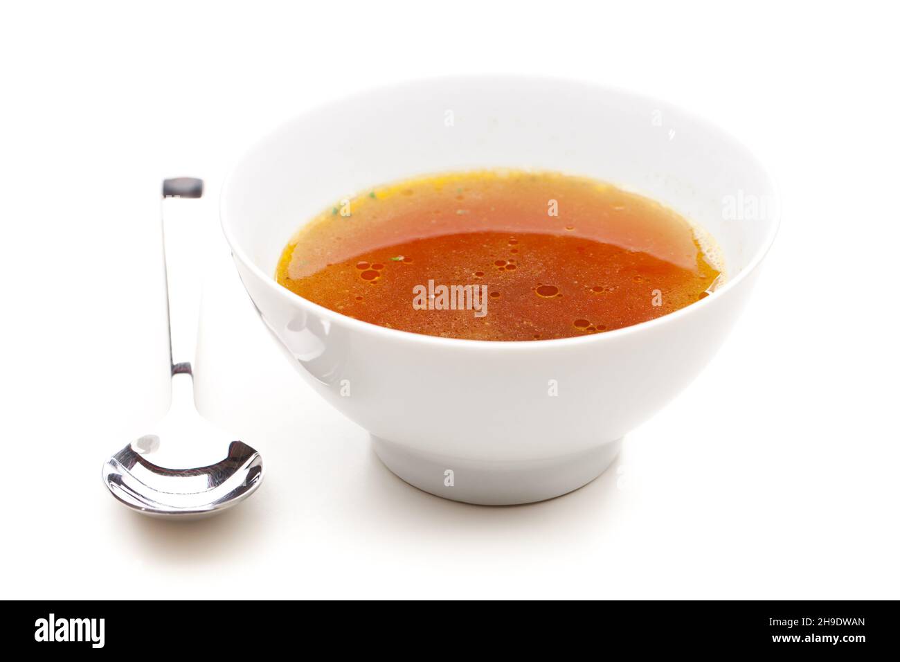 beef soup, clear soup, broth, fat eye, macro, white, background, plate, bowl, food, liquid, clear beef soup, insert, a, without, near, close, foam, in Stock Photo