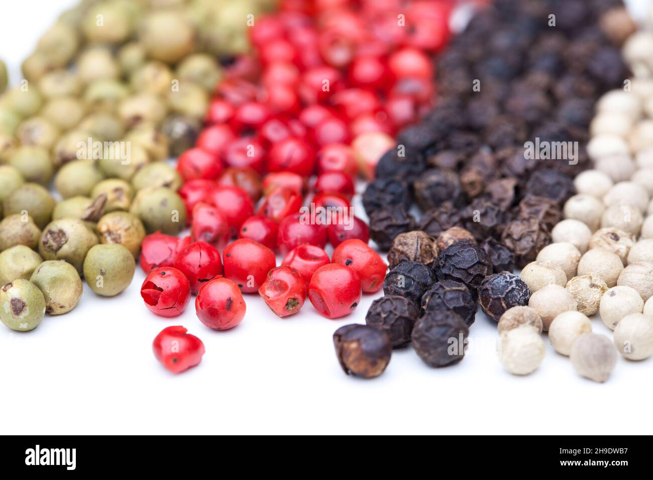 pepper, colorful, different, peppercorns, whole, some, black, white, red, pink, side by side, details, together, line, trace, green, background, close Stock Photo