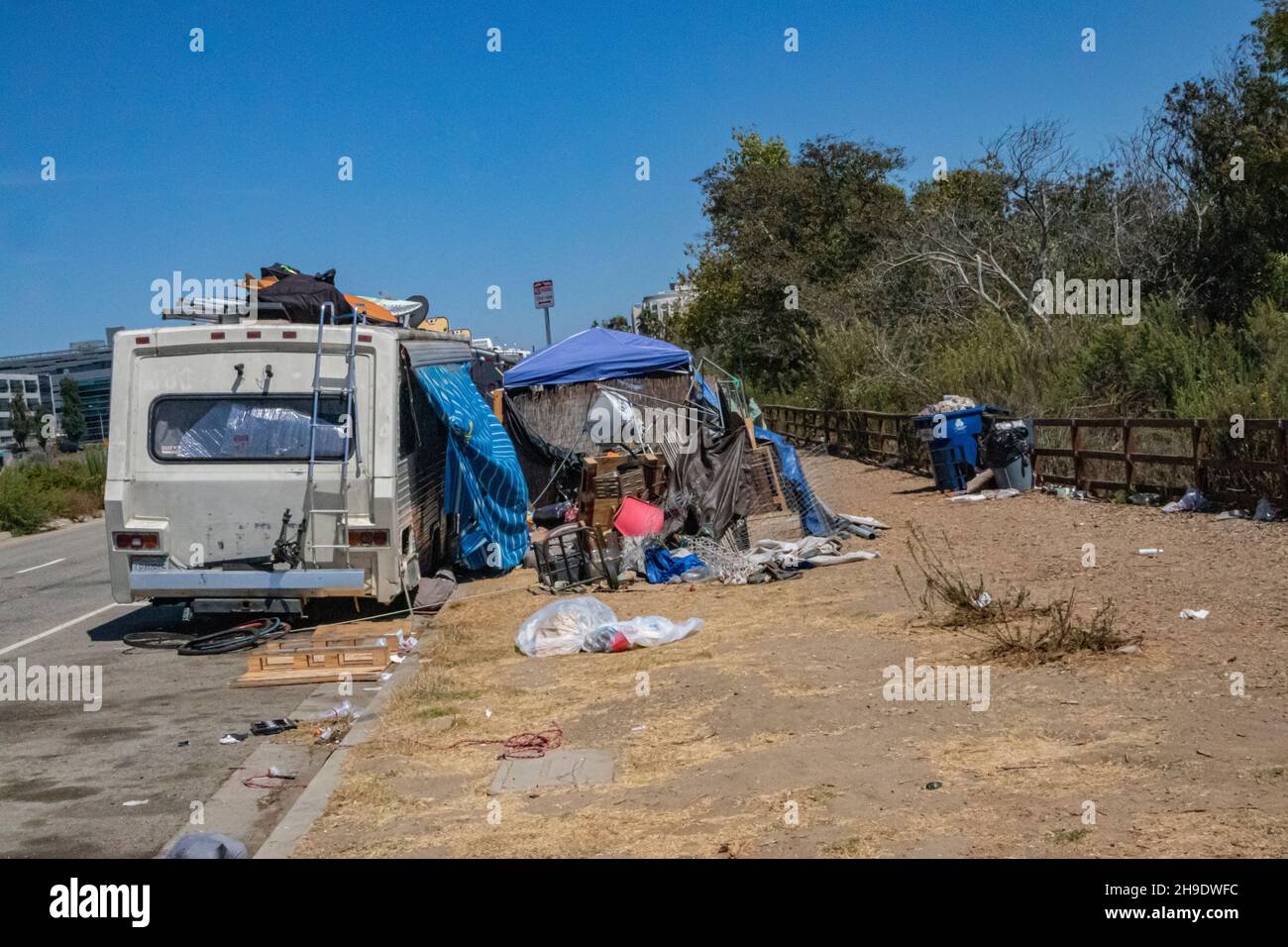 Homeless camp next to Ballona Wetlands, Playa Del Rey, Los Angeles, California, USA Stock Photo