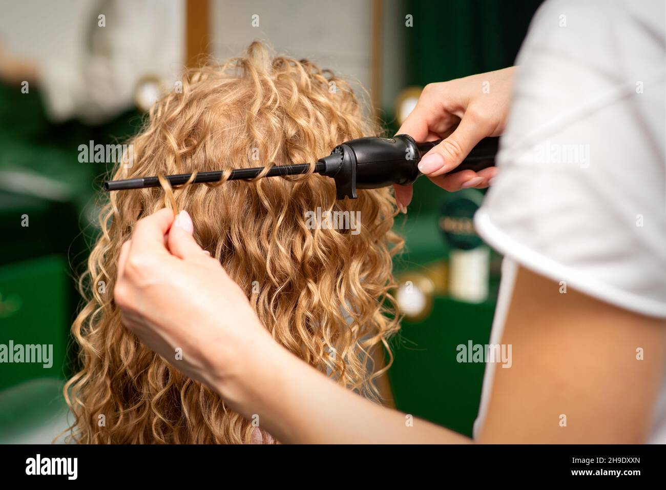 Hands of hairstylist curl wavy hair of young woman using a curling iron for hair curls in the beauty salon rear view Stock Photo Alamy