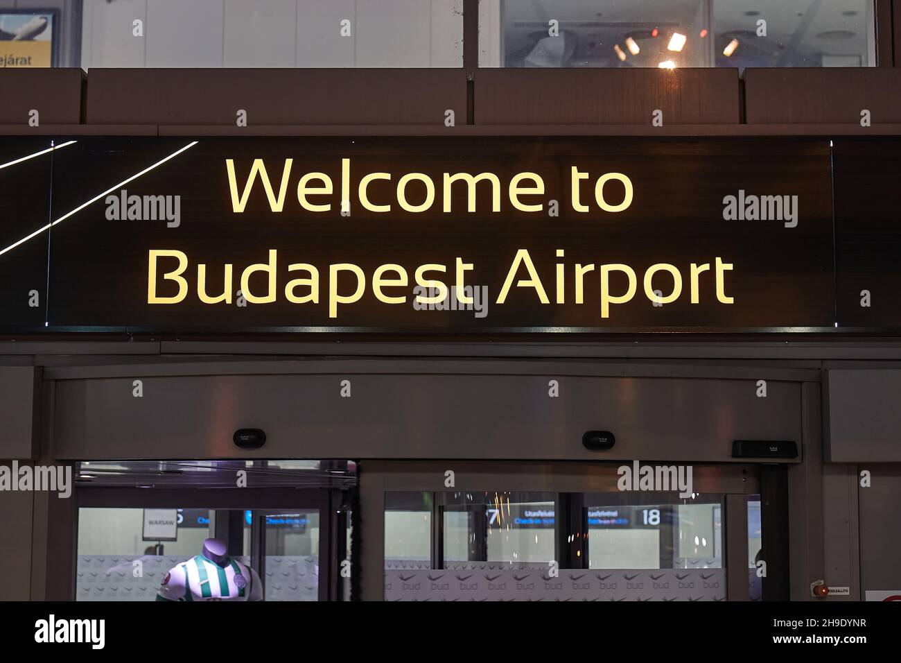 Budapest Airport welcome sign above entrance Stock Photo