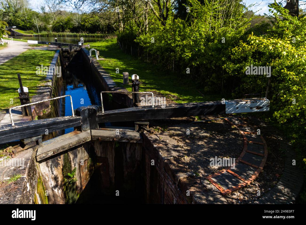 Gates of canal lock from above at Lapworth near Birmingham, on the Stratford-upon-Avon Canal Stock Photo